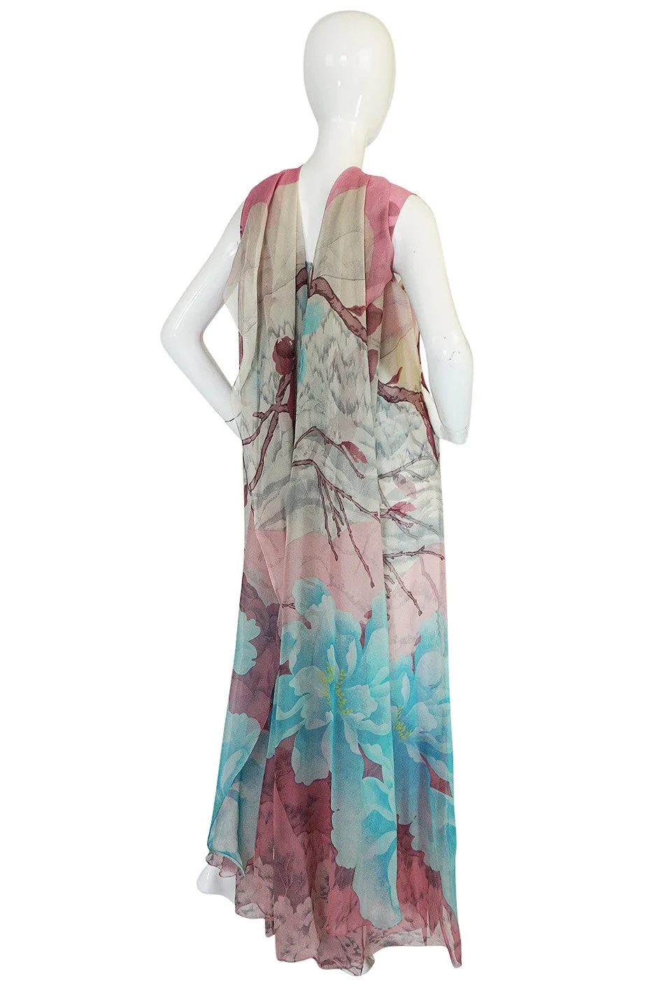 1970s Hanae Mori Couture Silk Chiffon Scenic Floral Dress
