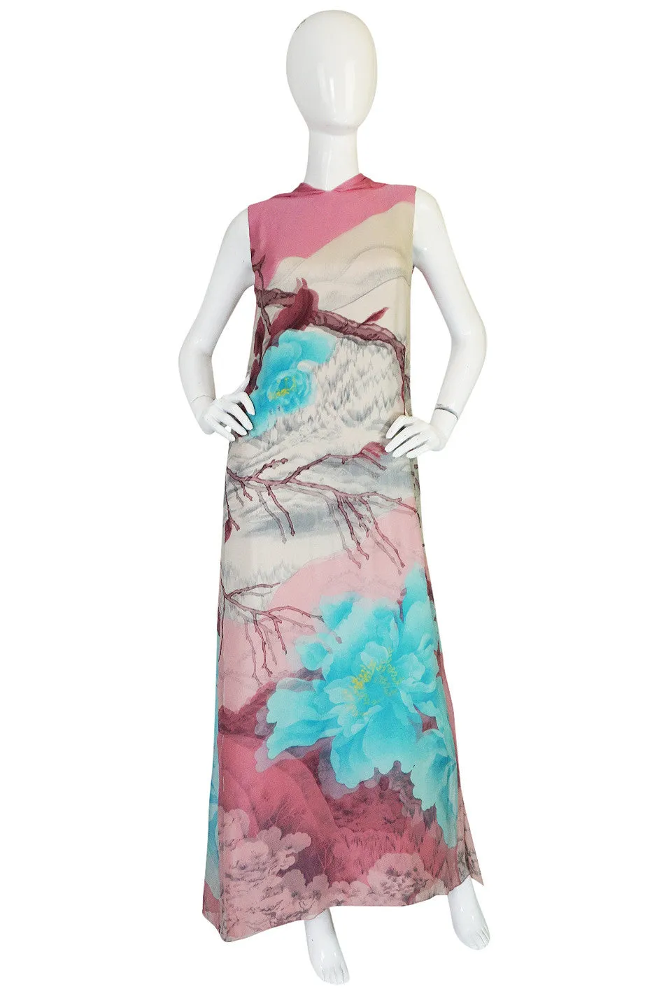 1970s Hanae Mori Couture Silk Chiffon Scenic Floral Dress