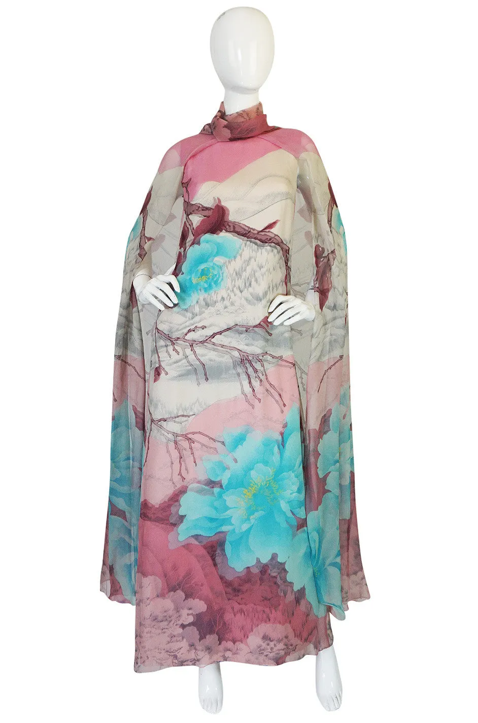 1970s Hanae Mori Couture Silk Chiffon Scenic Floral Dress
