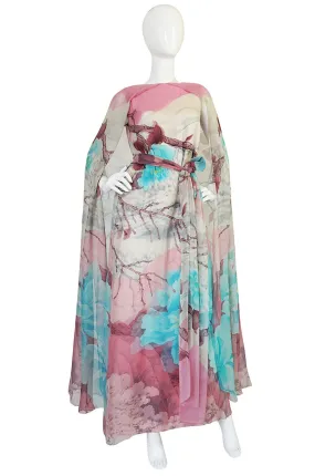 1970s Hanae Mori Couture Silk Chiffon Scenic Floral Dress