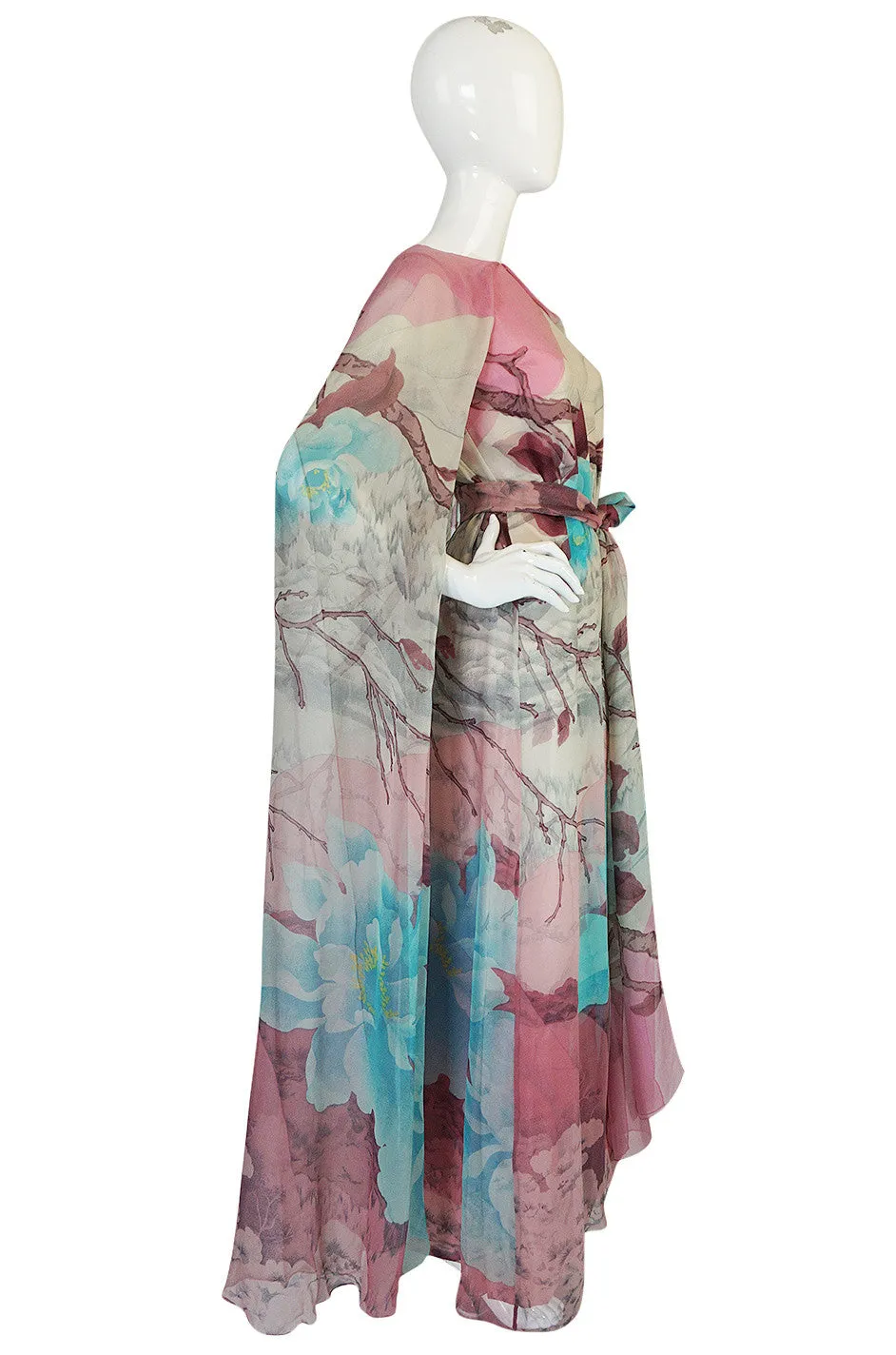 1970s Hanae Mori Couture Silk Chiffon Scenic Floral Dress