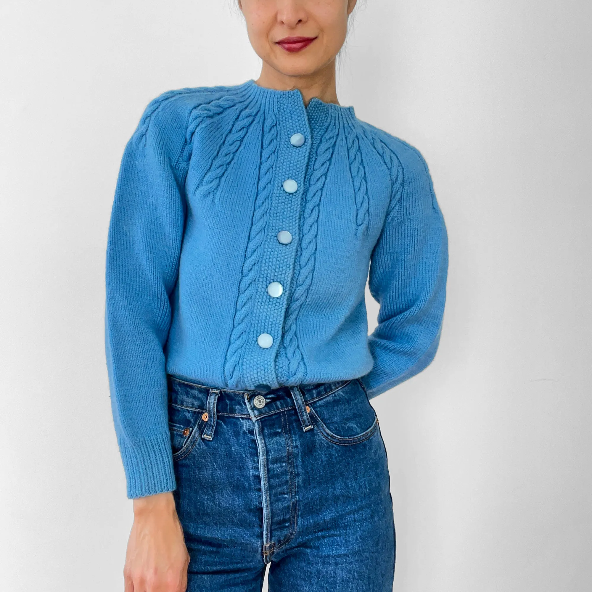 1970s Sky-Blue Button-Front Cable-Knit Cardigan Sweater