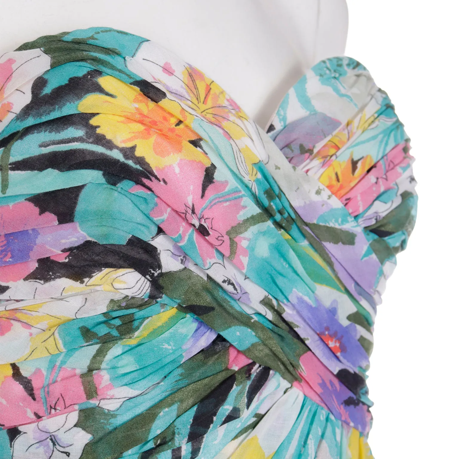 1980s Victor Costa Floral Strapless Evening Dress w Wrap Scarf