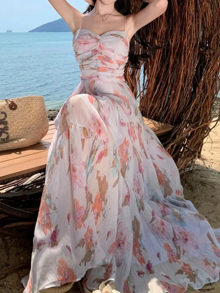 Aiertu Spaghetti Strap Elegant Women Summer Dress Sleeveless Casual Floral Print A-Line Beach Holiday Clothes Female Long Robe