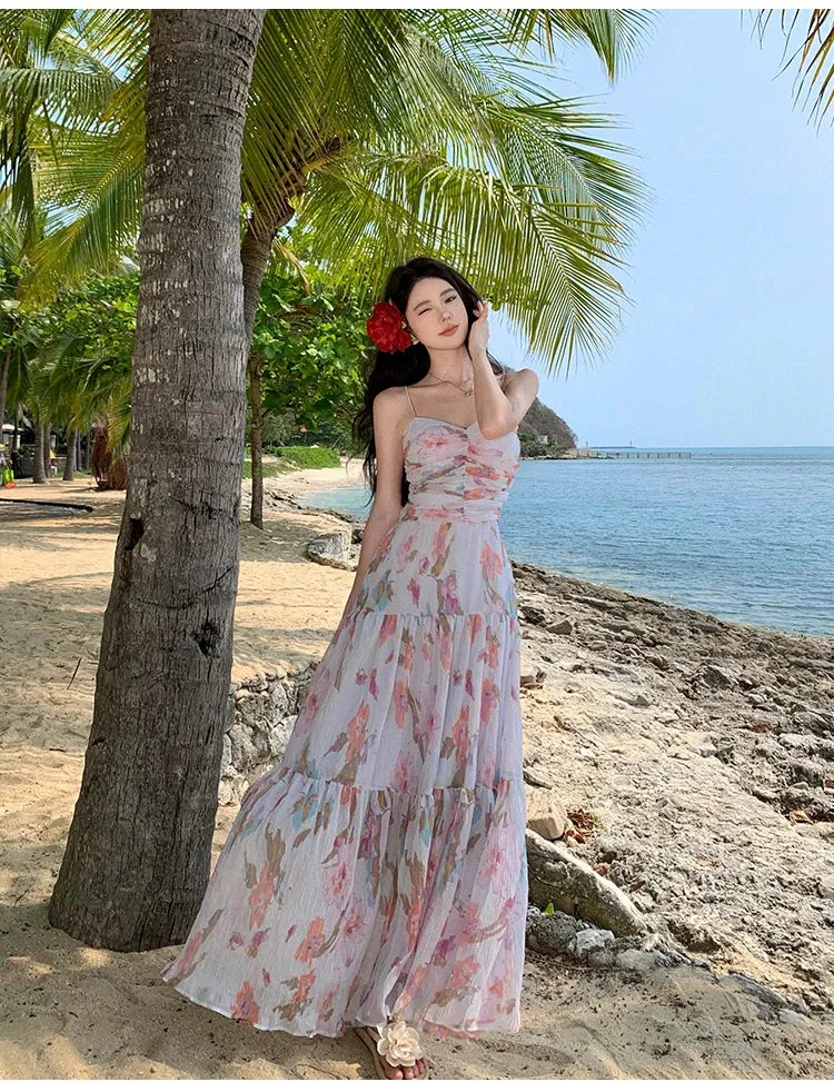 Aiertu Spaghetti Strap Elegant Women Summer Dress Sleeveless Casual Floral Print A-Line Beach Holiday Clothes Female Long Robe