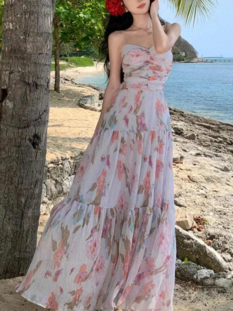 Aiertu Spaghetti Strap Elegant Women Summer Dress Sleeveless Casual Floral Print A-Line Beach Holiday Clothes Female Long Robe