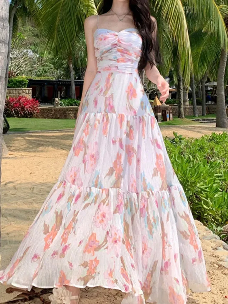 Aiertu Spaghetti Strap Elegant Women Summer Dress Sleeveless Casual Floral Print A-Line Beach Holiday Clothes Female Long Robe