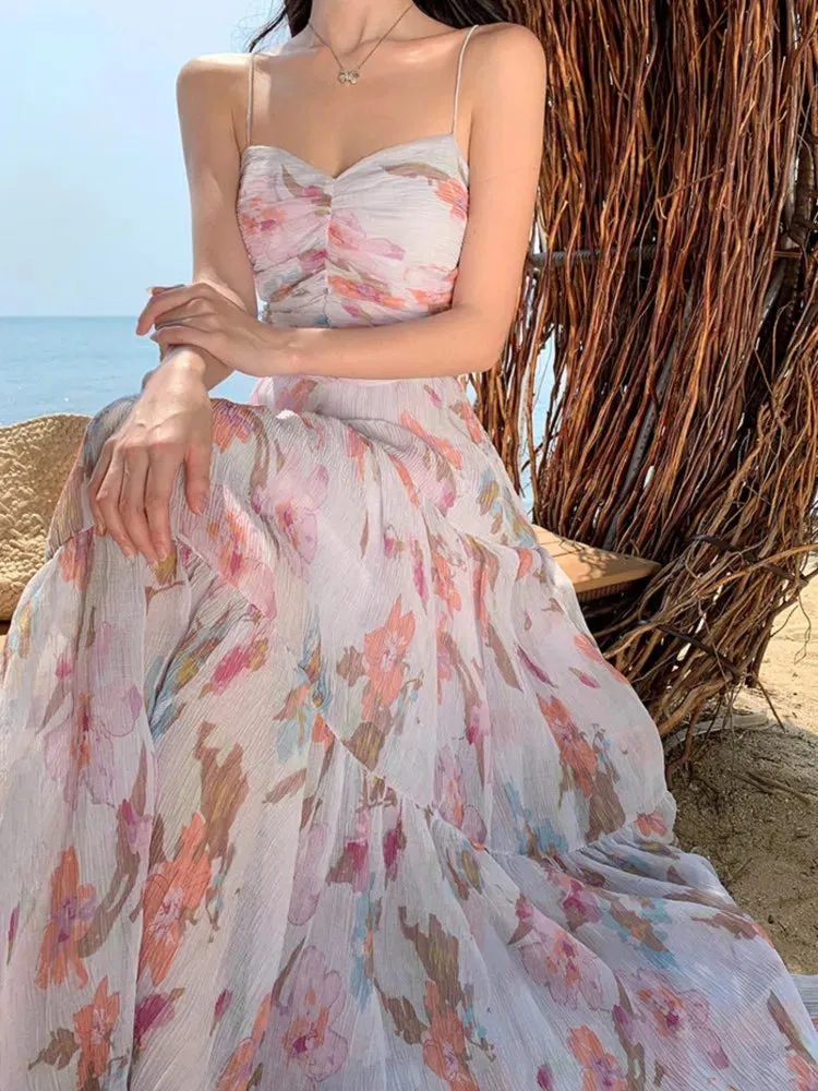 Aiertu Spaghetti Strap Elegant Women Summer Dress Sleeveless Casual Floral Print A-Line Beach Holiday Clothes Female Long Robe