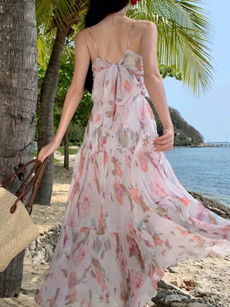 Aiertu Spaghetti Strap Elegant Women Summer Dress Sleeveless Casual Floral Print A-Line Beach Holiday Clothes Female Long Robe