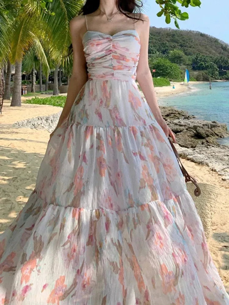 Aiertu Spaghetti Strap Elegant Women Summer Dress Sleeveless Casual Floral Print A-Line Beach Holiday Clothes Female Long Robe