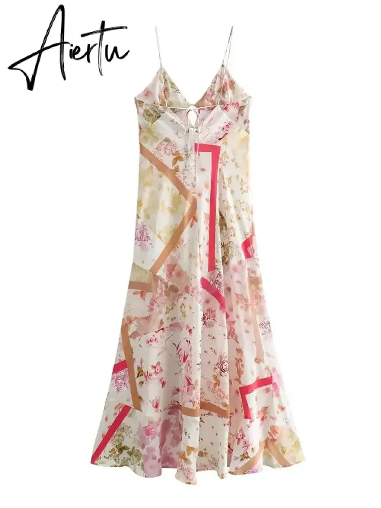 Aiertu Women Fashion Printed Vacation Maxi Dress 2024 Summer Sexy Slim Long Dress Backless Lace-up Sling Boho Dresses
