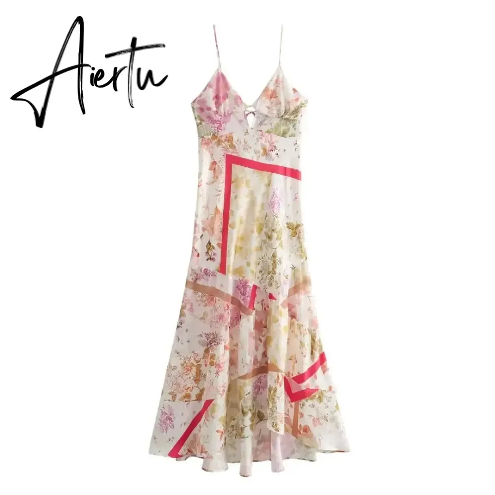 Aiertu Women Fashion Printed Vacation Maxi Dress 2024 Summer Sexy Slim Long Dress Backless Lace-up Sling Boho Dresses