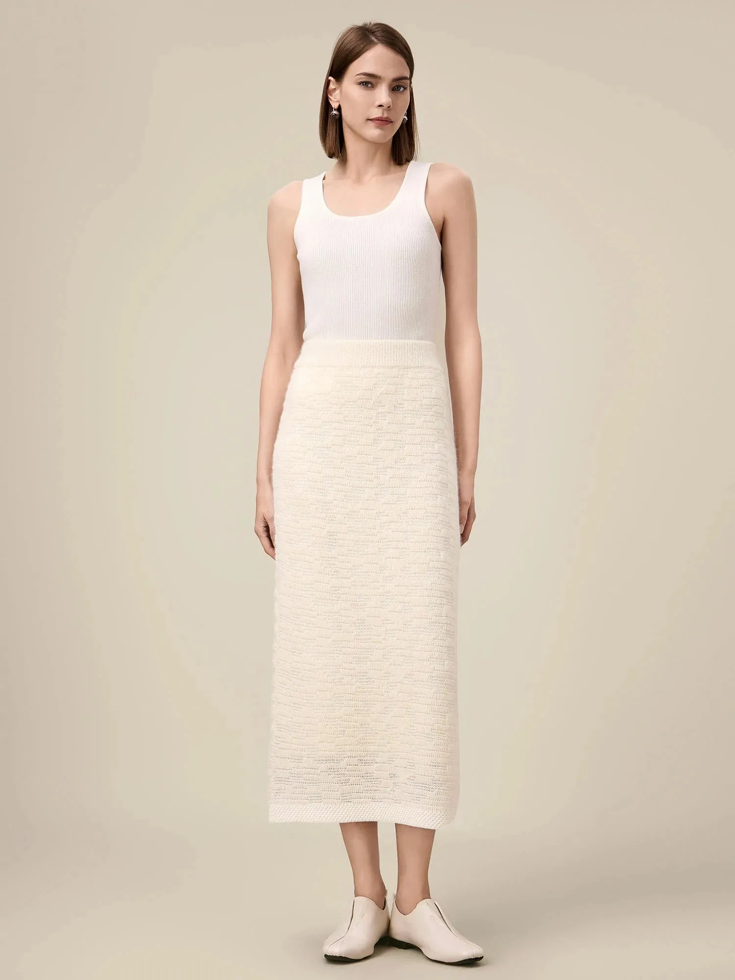 Amoretu Wool Elastic Waist Jacquard Knit Skirt