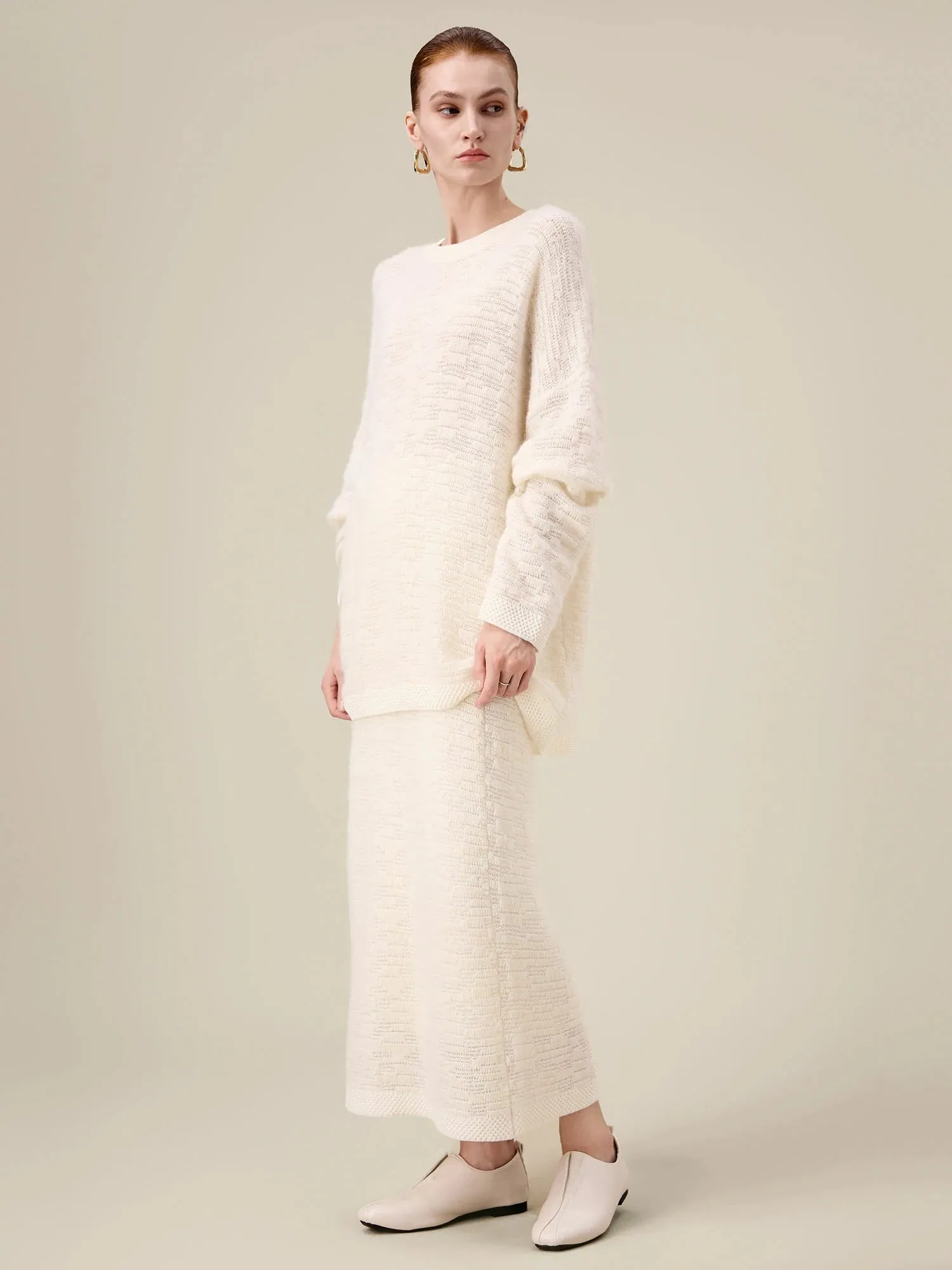 Amoretu Wool Elastic Waist Jacquard Knit Skirt