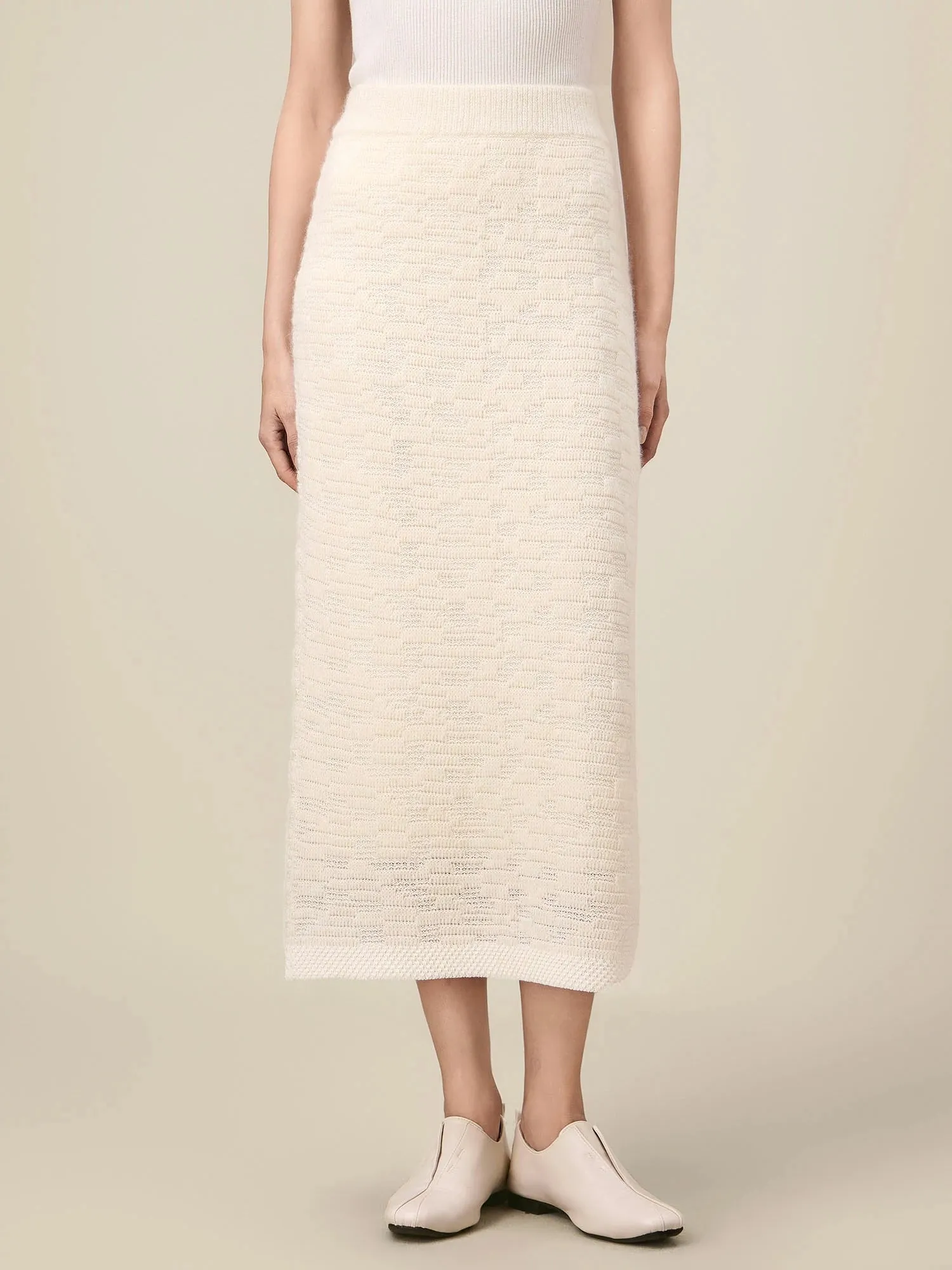 Amoretu Wool Elastic Waist Jacquard Knit Skirt