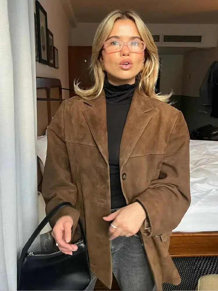 Back To School Joskaa Fashion Brown Women Imitation Deer Fur Coat Chic Lapel Long Sleeve Double-breasted Windbreaker Autumn Lady High Street Outwear