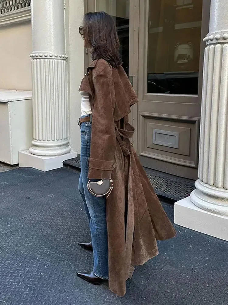 Back To School Joskaa Fashion Brown Women Imitation Deer Fur Coat Chic Lapel Long Sleeve Double-breasted Windbreaker Autumn Lady High Street Outwear
