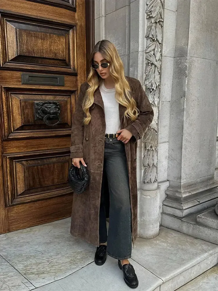 Back To School Joskaa Fashion Brown Women Imitation Deer Fur Coat Chic Lapel Long Sleeve Double-breasted Windbreaker Autumn Lady High Street Outwear