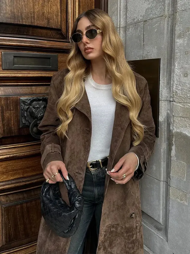 Back To School Joskaa Fashion Brown Women Imitation Deer Fur Coat Chic Lapel Long Sleeve Double-breasted Windbreaker Autumn Lady High Street Outwear