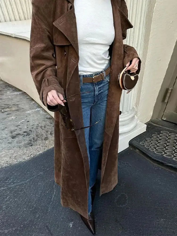 Back To School Joskaa Fashion Brown Women Imitation Deer Fur Coat Chic Lapel Long Sleeve Double-breasted Windbreaker Autumn Lady High Street Outwear