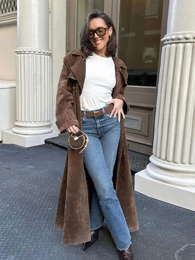 Back To School Joskaa Fashion Brown Women Imitation Deer Fur Coat Chic Lapel Long Sleeve Double-breasted Windbreaker Autumn Lady High Street Outwear