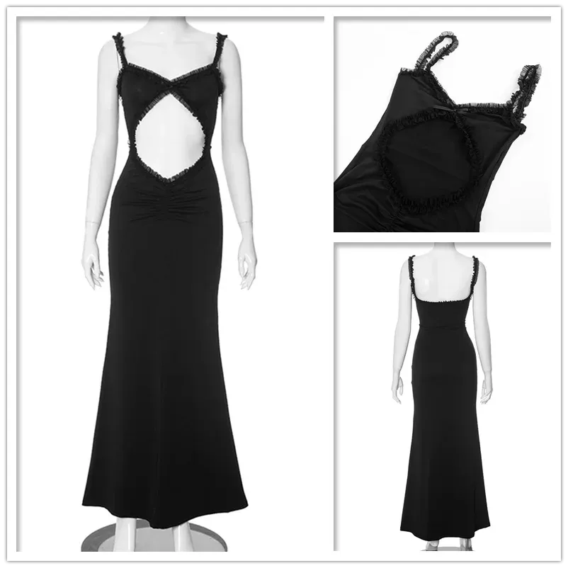 Backless Hollow Out Sexy Party Dress Women Spaghetti Strap Summer Dress Elegant Maxi Long Slim Bodycon Dresses