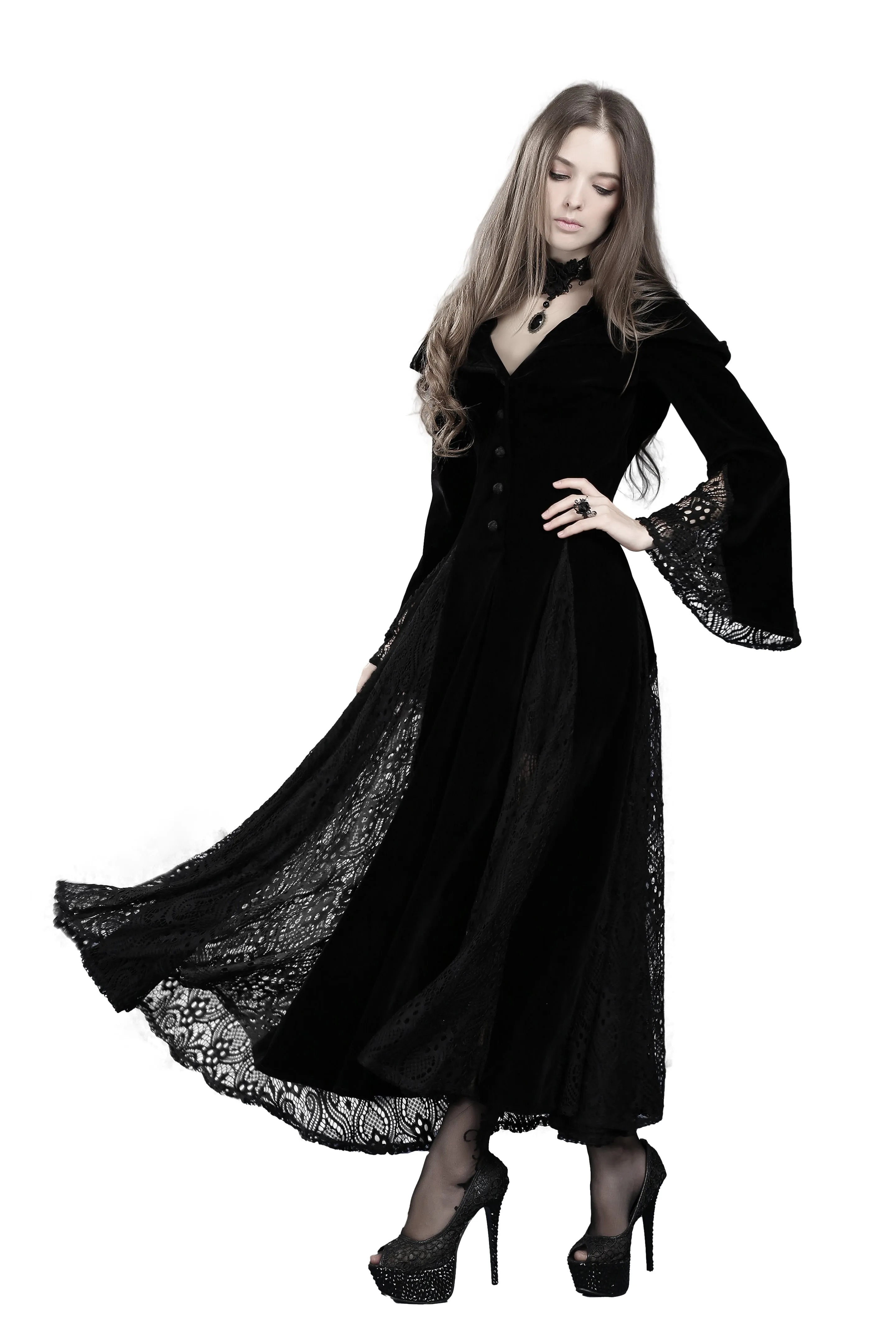 Black Long Sleeve Gothic Vampire Punk Scene Clothing velvet jacket gown JW011