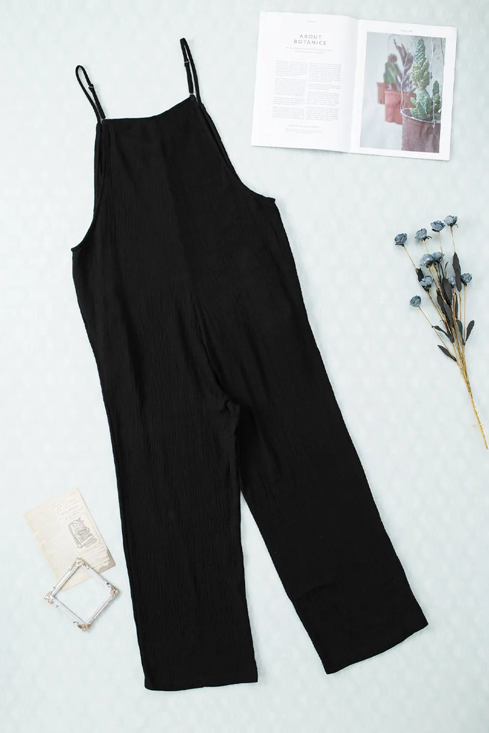 Black Spaghetti Straps Crinkle Henley Jumpsuit