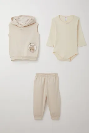BRE Breeze Baby Boy Bodysuit 3-Piece Set Cute Bunny Embroidered 4 Months Year, Beige - Valenciennes