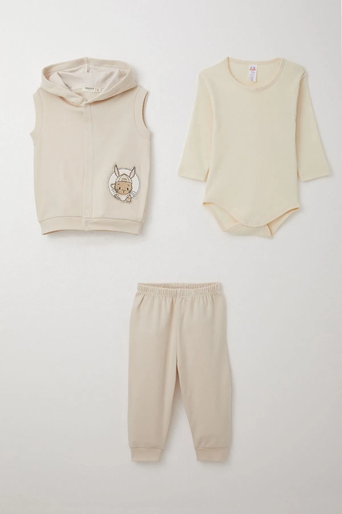 BRE Breeze Baby Boy Bodysuit 3-Piece Set Cute Bunny Embroidered 4 Months Year, Beige - Valenciennes