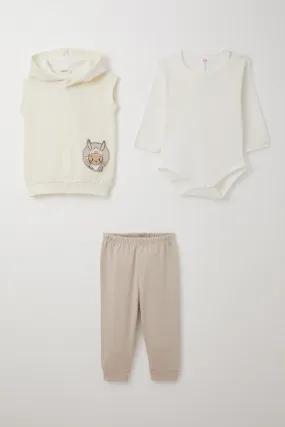 BRE Breeze Baby Boy Bodysuit 3-Piece Set Cute Bunny Embroidered 4 Months Year, Ecru - Luxembourg
