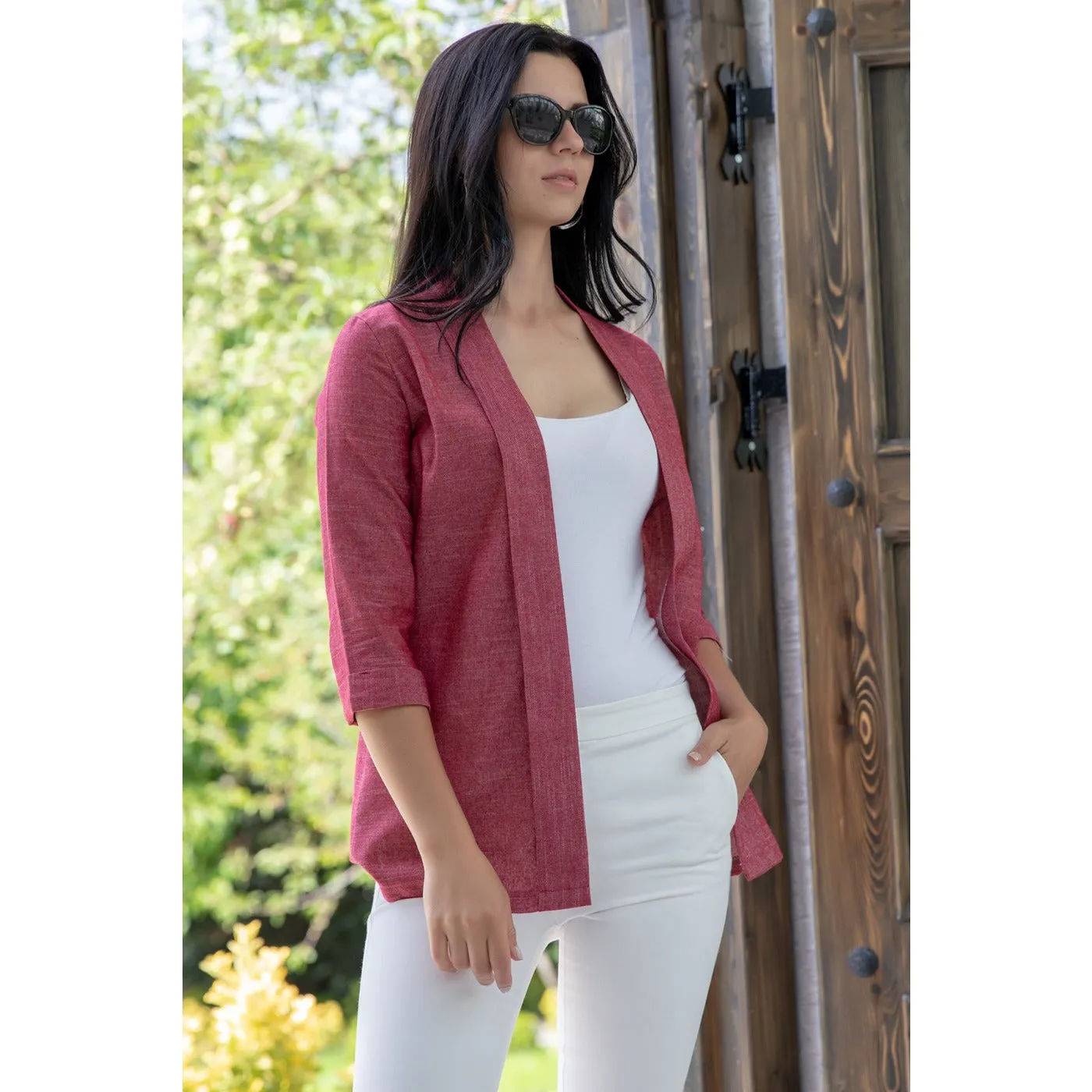 Burgundy Short Sleeves Shawl Jacket