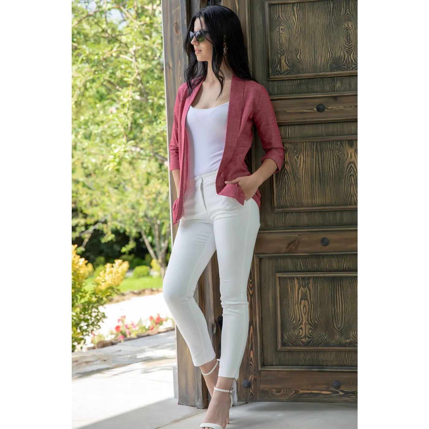 Burgundy Short Sleeves Shawl Jacket
