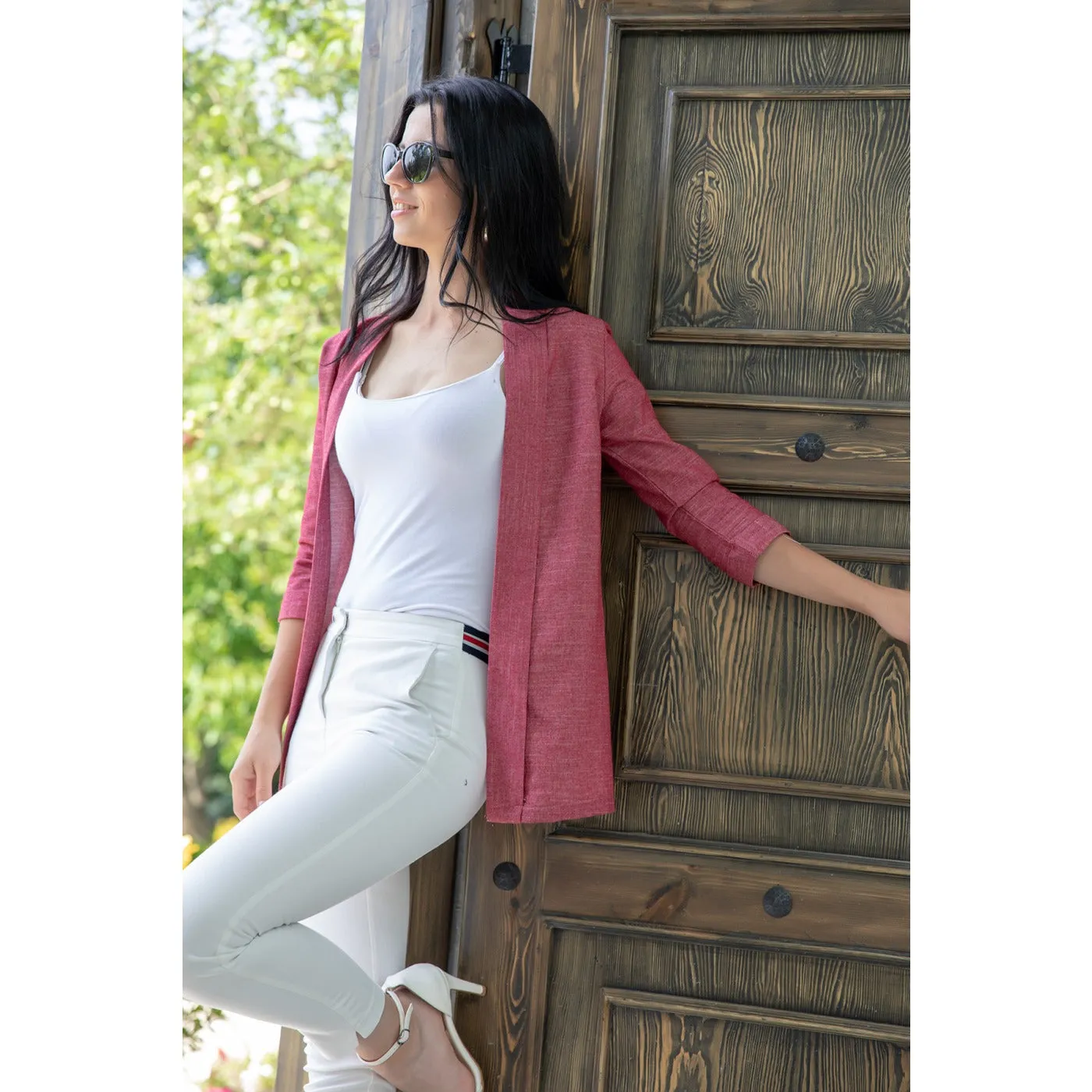 Burgundy Short Sleeves Shawl Jacket