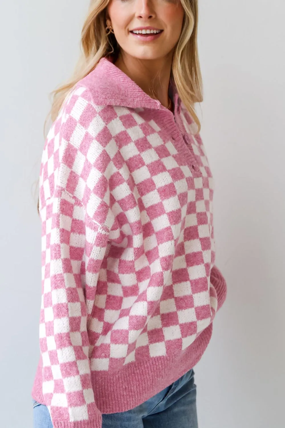 Checkered Collared Neck Long Sleeve Sweater | Sweater Weather | Checkered Print