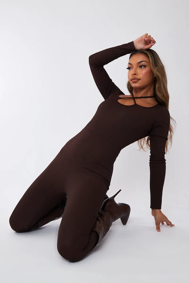 Chocolate Rib Tie Halter Neck Jumpsuit - Asha
