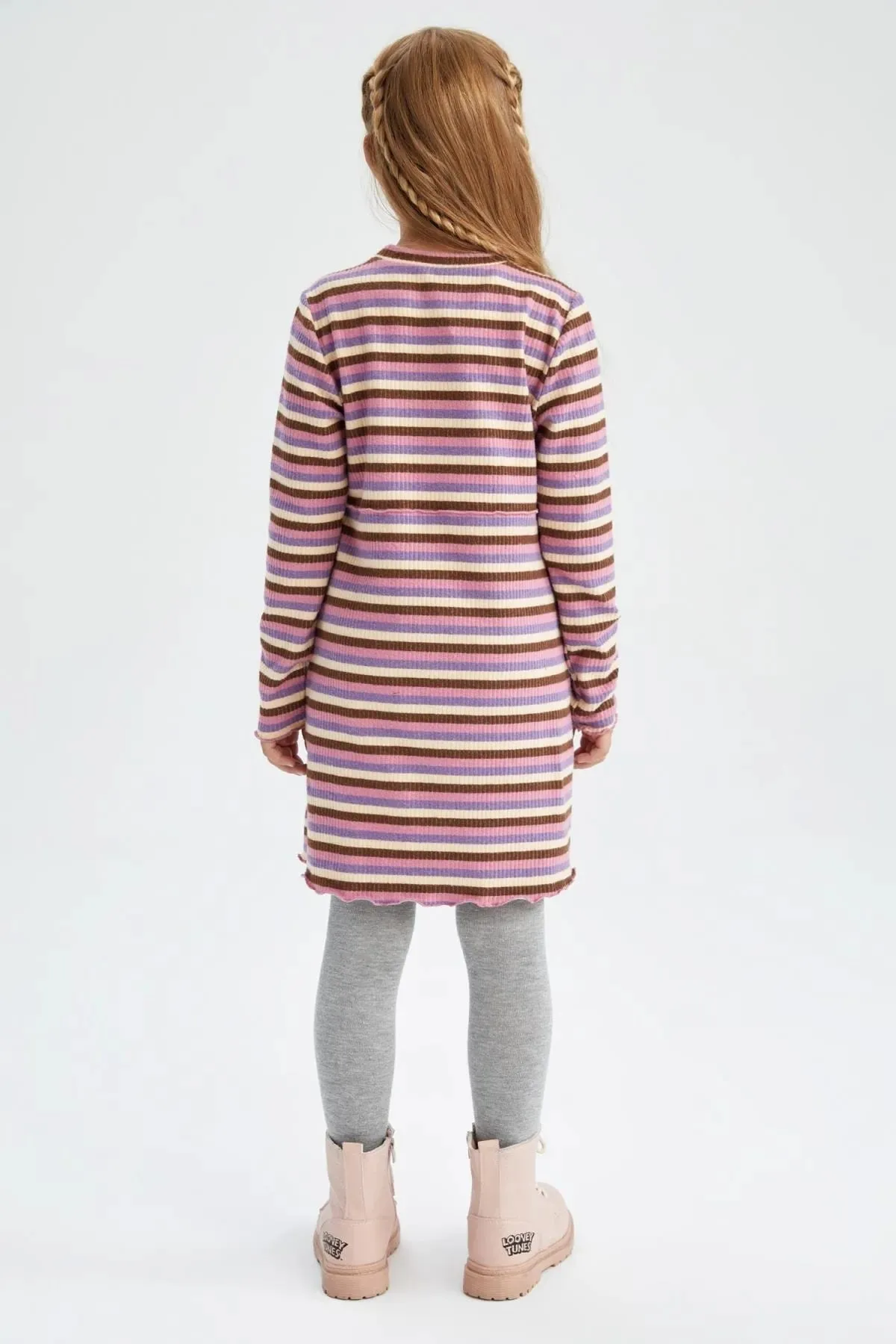 Defacto Girl's Purple Striped Long Sleeve Ribbed Camisole Dress