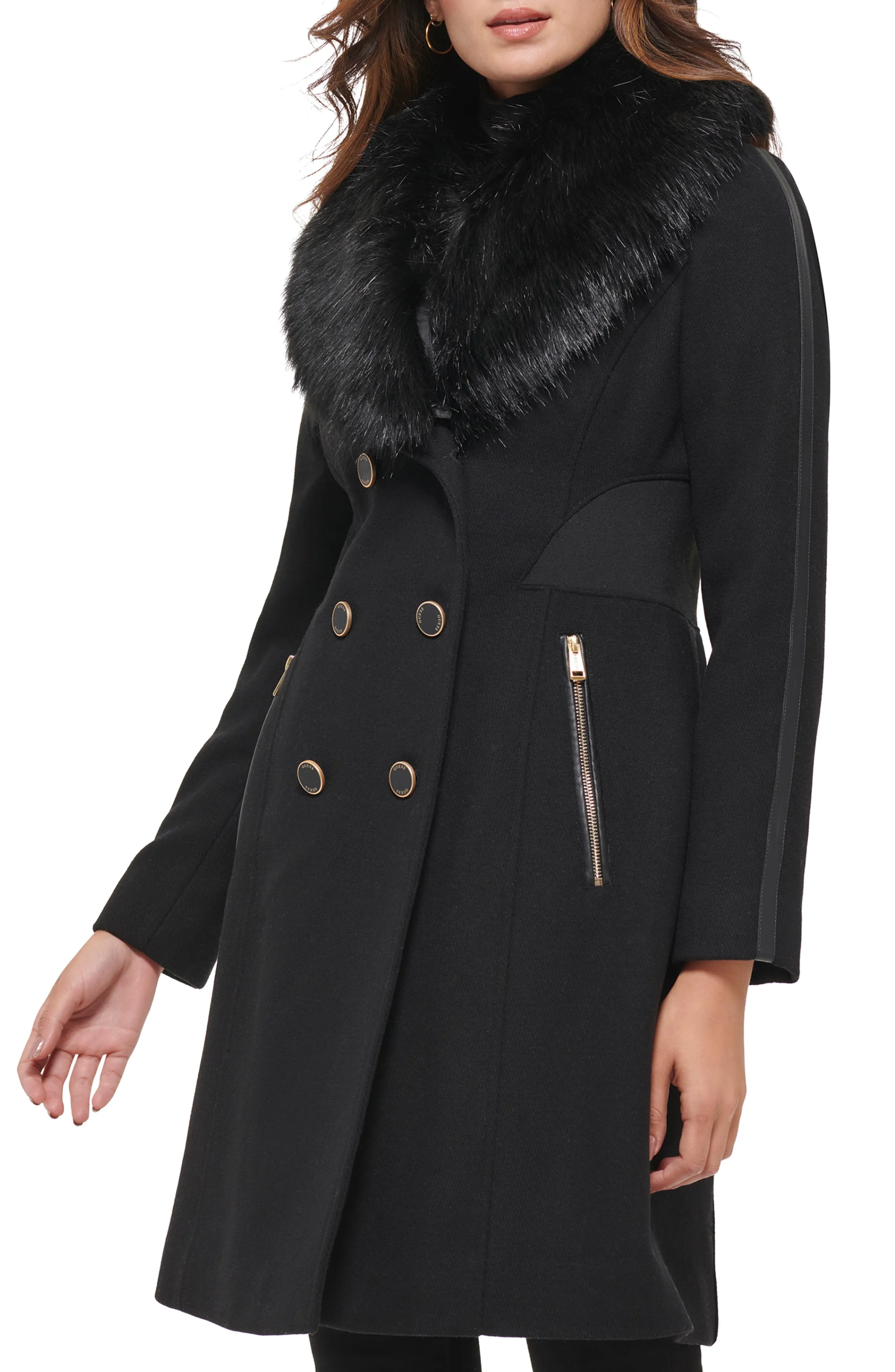 GUESS Faux Fur Shawl Collar Wool Blend Coat