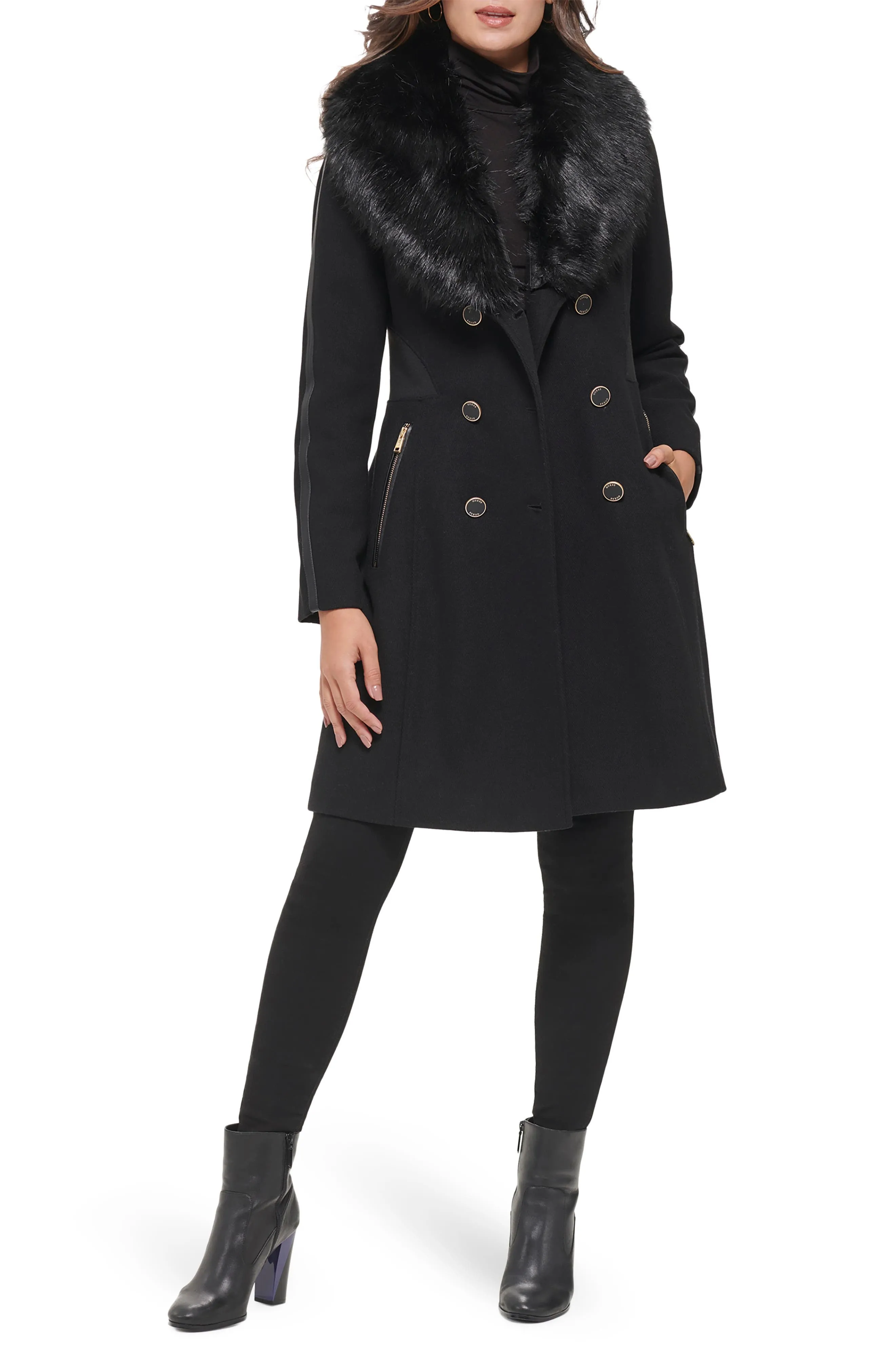 GUESS Faux Fur Shawl Collar Wool Blend Coat