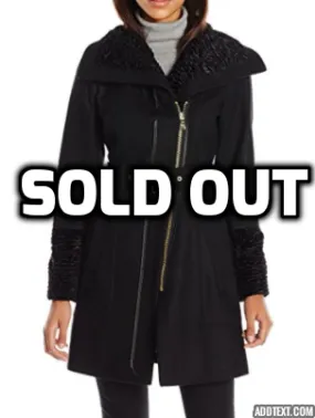 Guess Women's Melton Wool Zip Coat with Faux Fur Collar and Cuff
