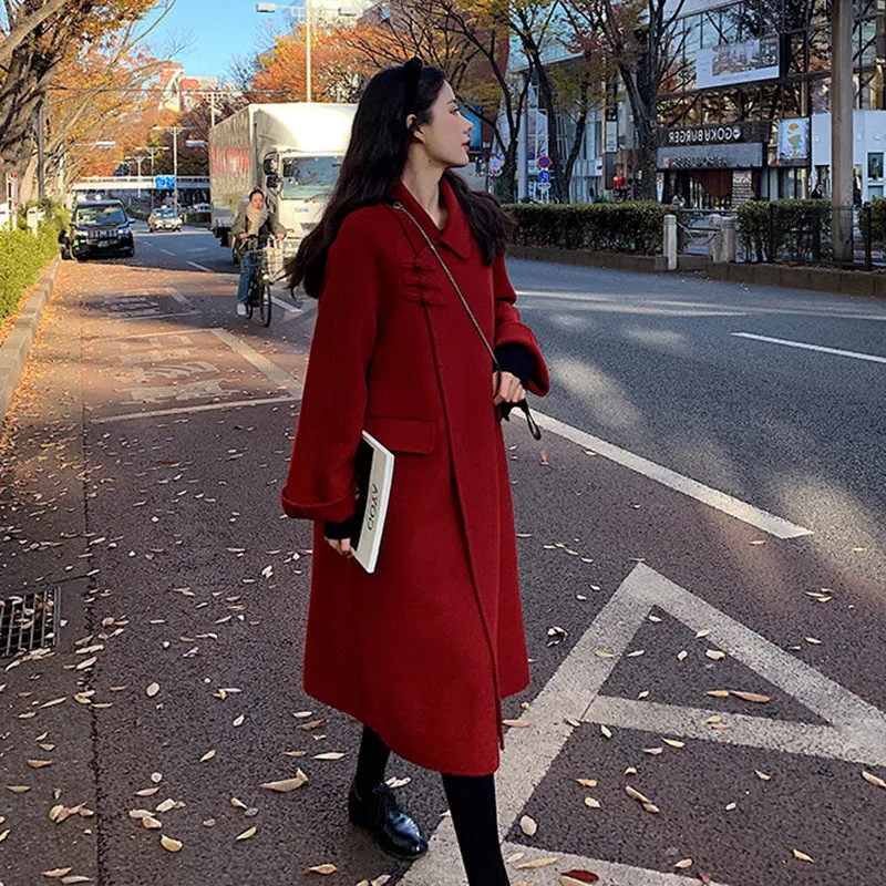 Joskaa construction worker costume Double-Sided Wool Coat 2024 Autumn and Winter Red Long Vintage Wedding Woolen Coat