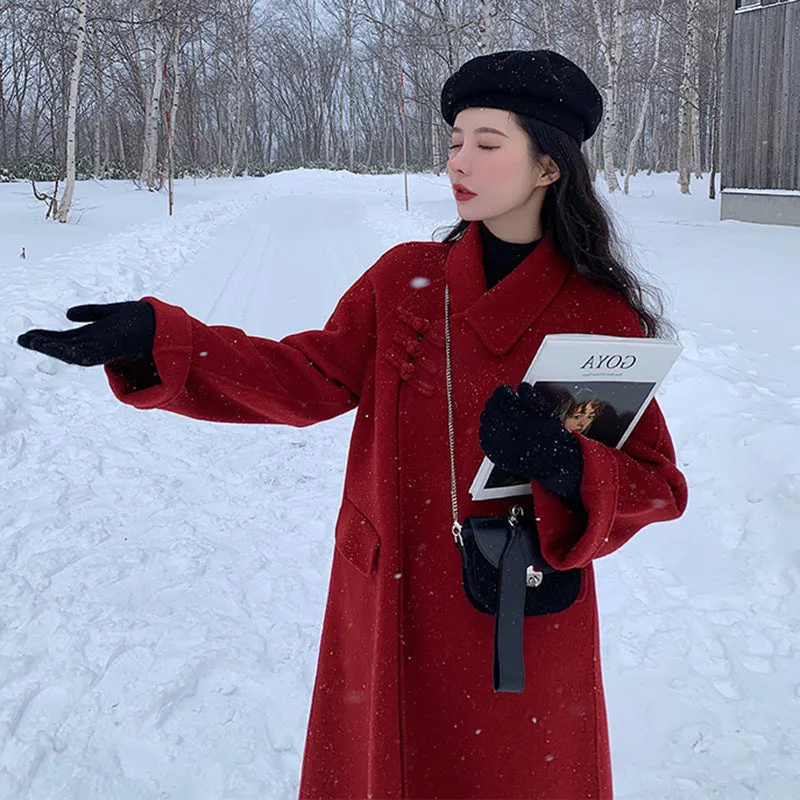 Joskaa construction worker costume Double-Sided Wool Coat 2024 Autumn and Winter Red Long Vintage Wedding Woolen Coat