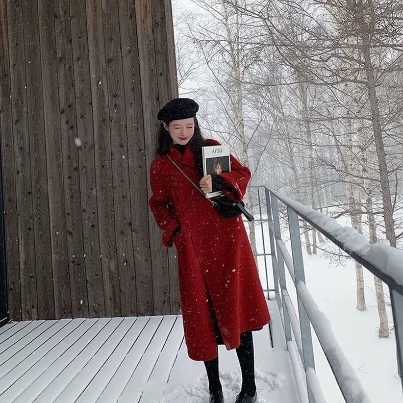 Joskaa construction worker costume Double-Sided Wool Coat 2024 Autumn and Winter Red Long Vintage Wedding Woolen Coat
