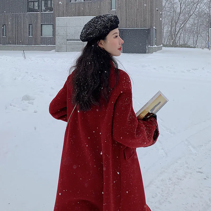 Joskaa construction worker costume Double-Sided Wool Coat 2024 Autumn and Winter Red Long Vintage Wedding Woolen Coat