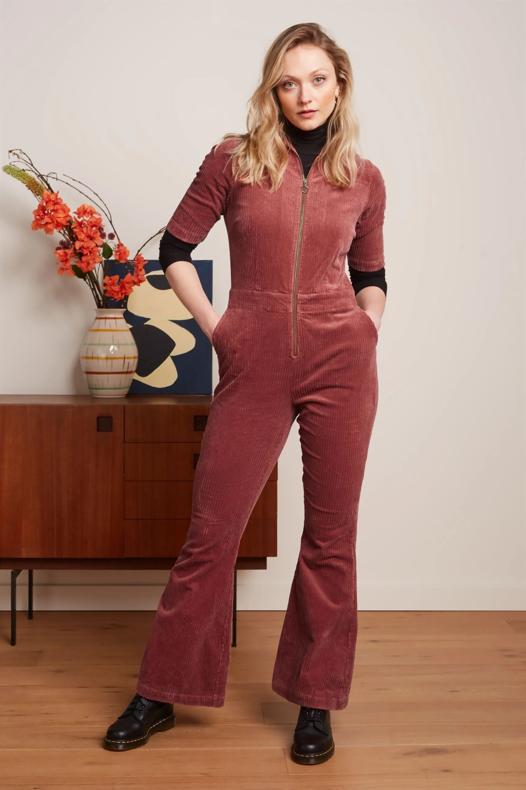 King Louie garbo flare jumpsuit corduroy desert red