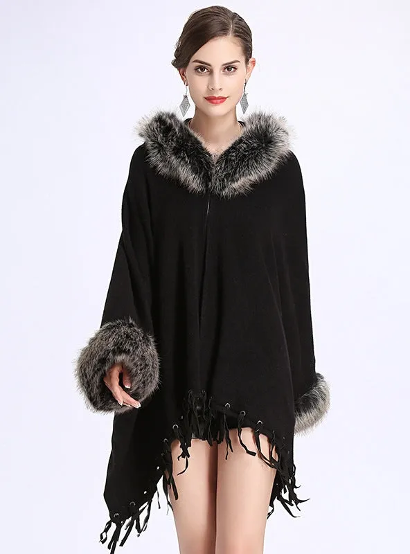 Large Size Loose Tassel Hooded Knitted Shawl Cloak