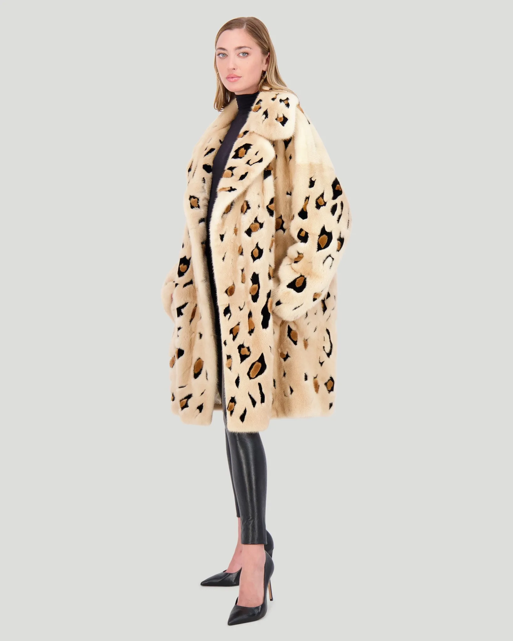 Mink Short Coat with Cheeta Print Intarsia