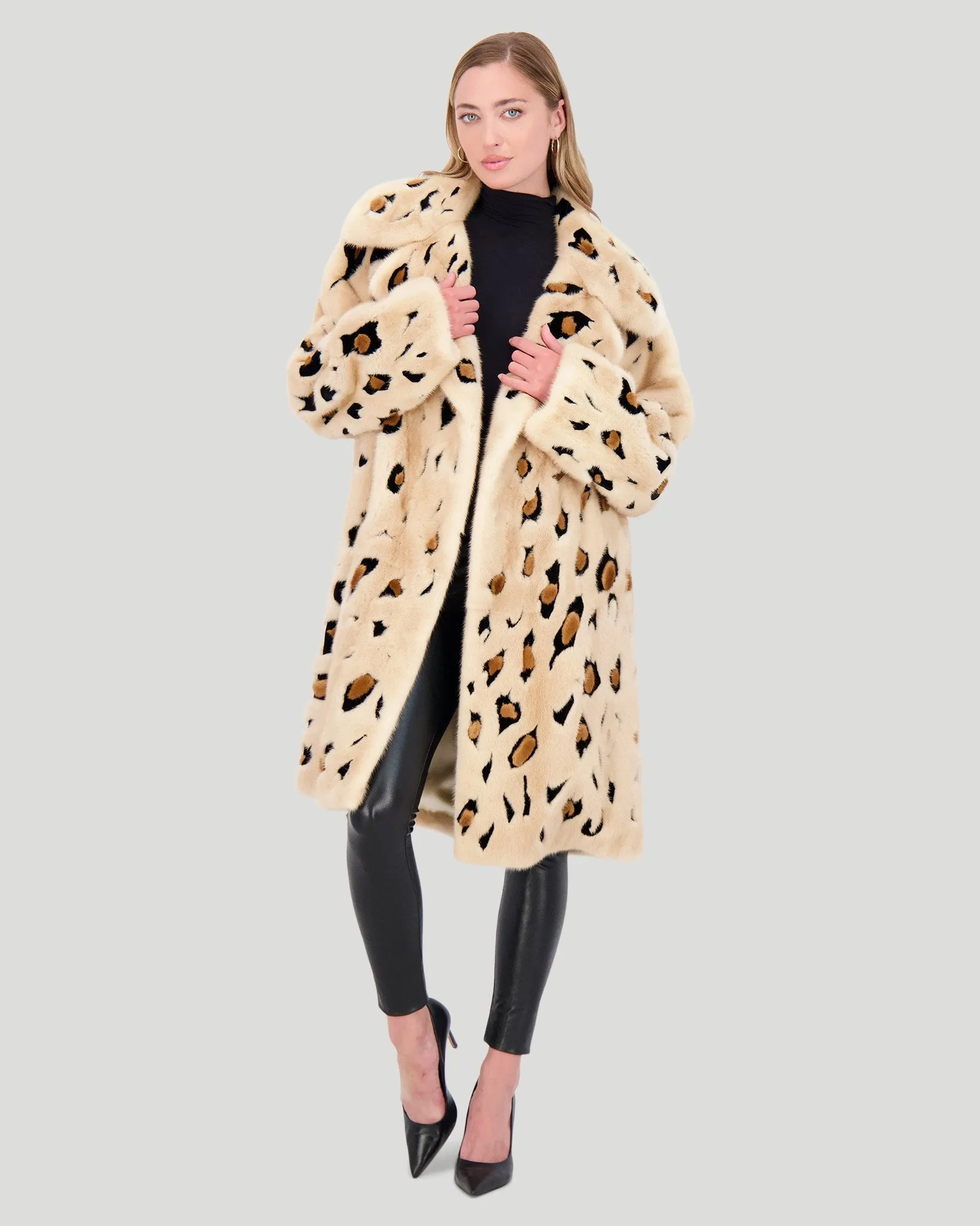 Mink Short Coat with Cheeta Print Intarsia