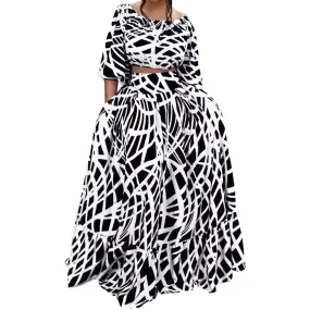 NEW EHQJNJ 2 Piece Black & White Maxi Skirt & Crop Peasant top Temperament Elegant Print Trendy Long, Sz S