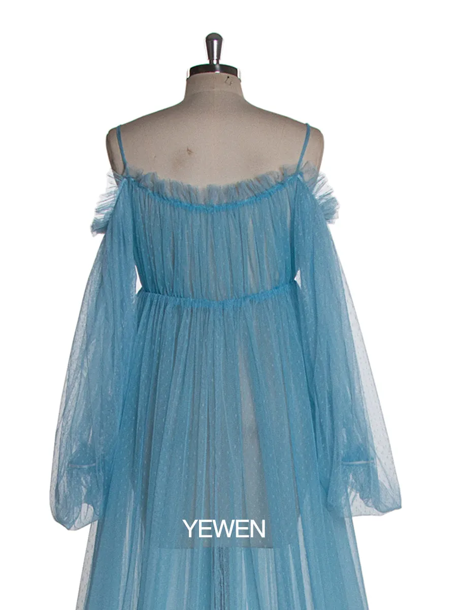 Sexy Cold Shoulder Long Sleeve Dot Lace Maxi Dress Blue Maternity Dress for Photo Shooting